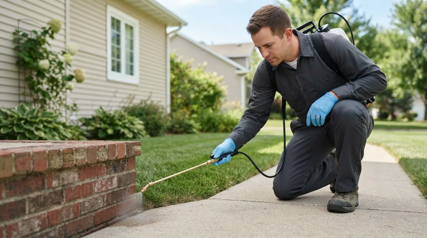 Pest control technician treating a home near Hominy, OK