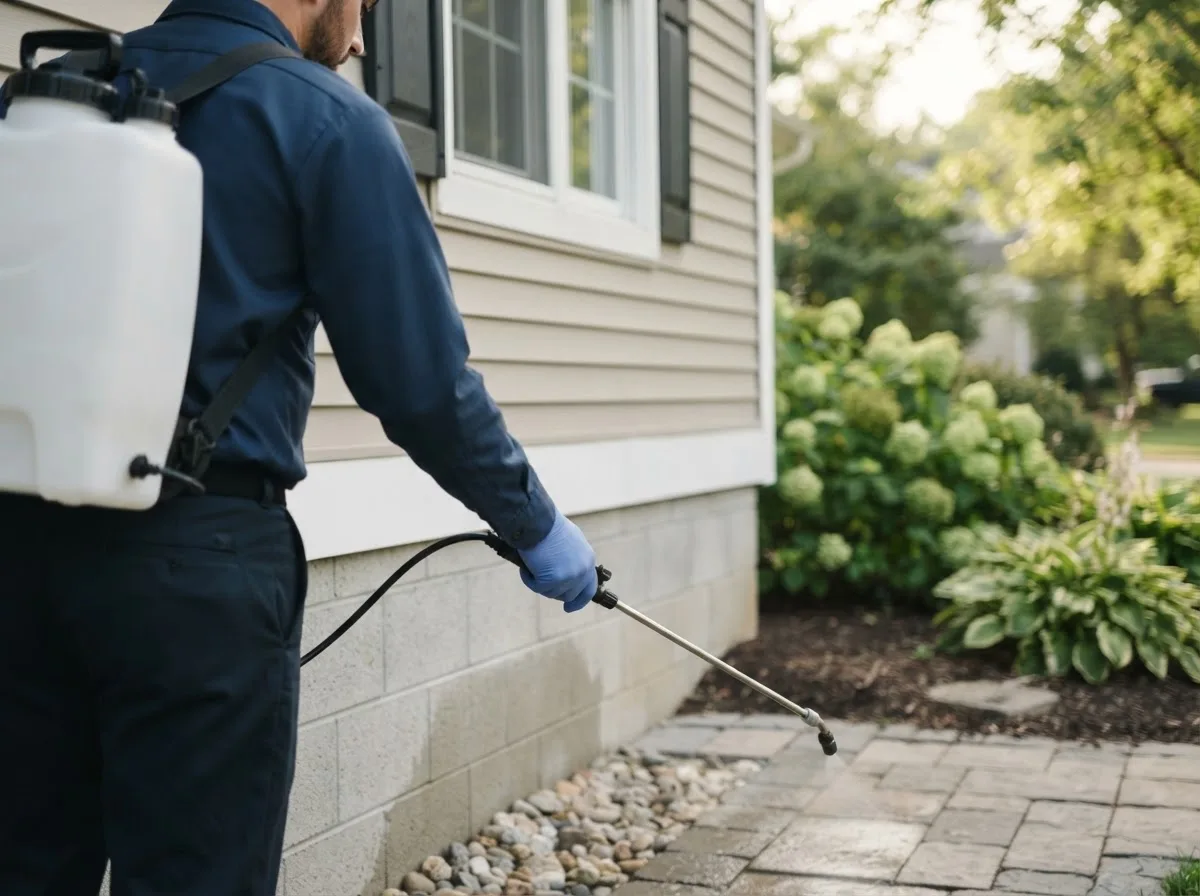 Pest control technician inspecting a home in Hominy, OK